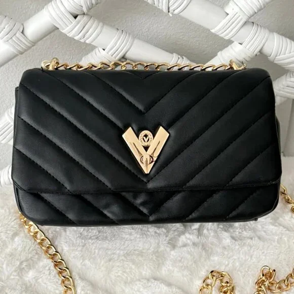 Valentino Orlandi Quilted Vegan Leather Shoulder Bag Gold Chain Black NWT $279 - Picture 4 of 16